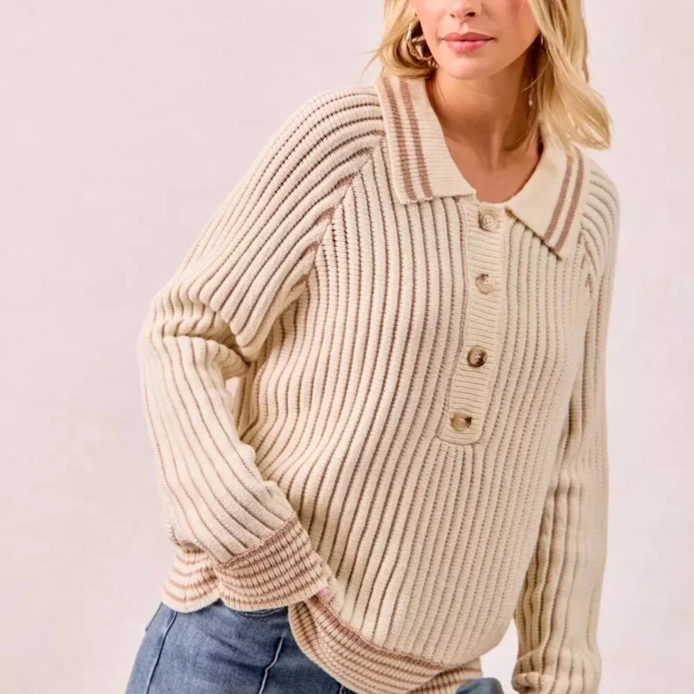 BiBi Half Button Ribbed Two Tone Sweater - Picture 3 of 16